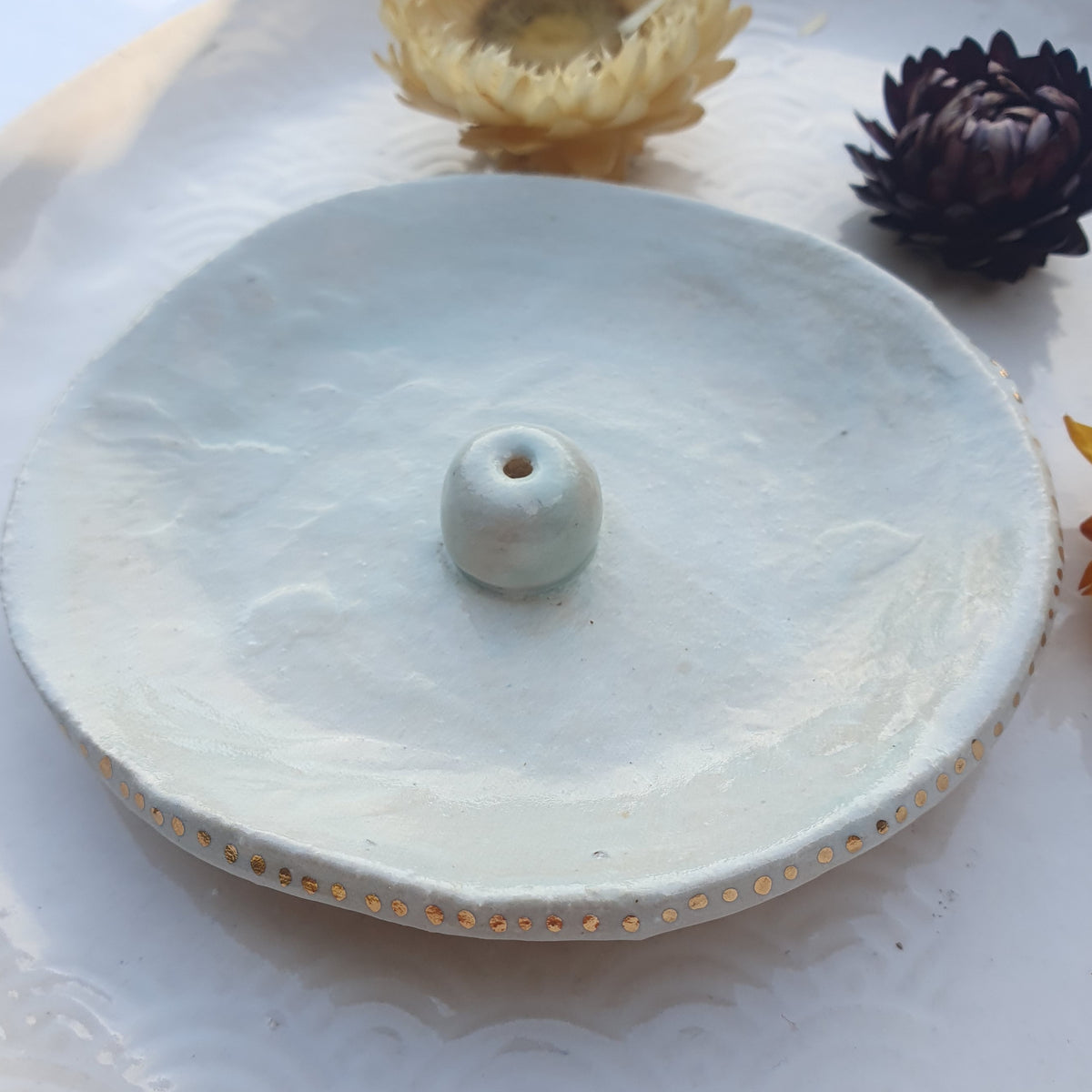 Mini incense holder- pale blue with gold dots