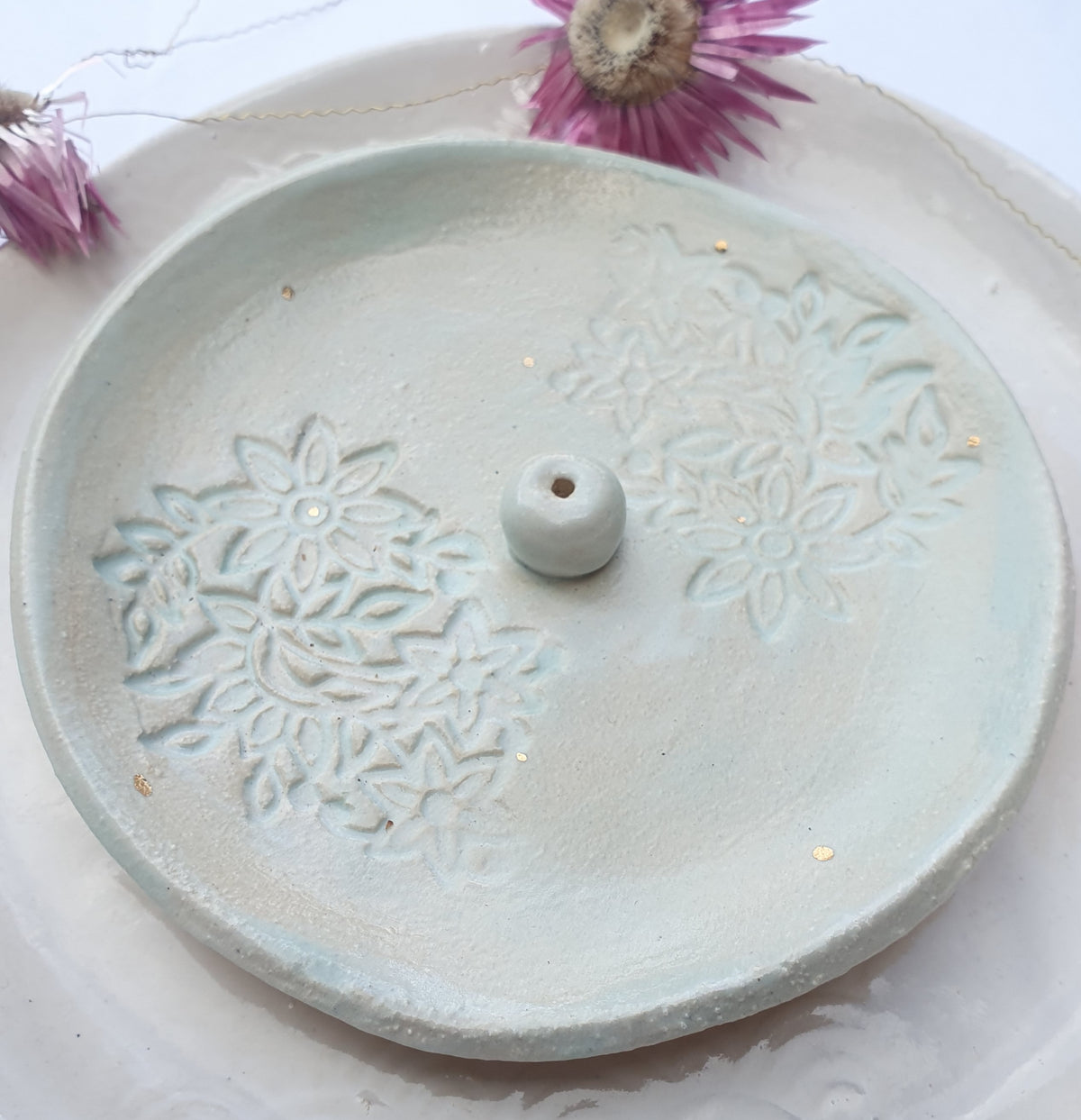 Small incense holder - Pale blue with botanical print