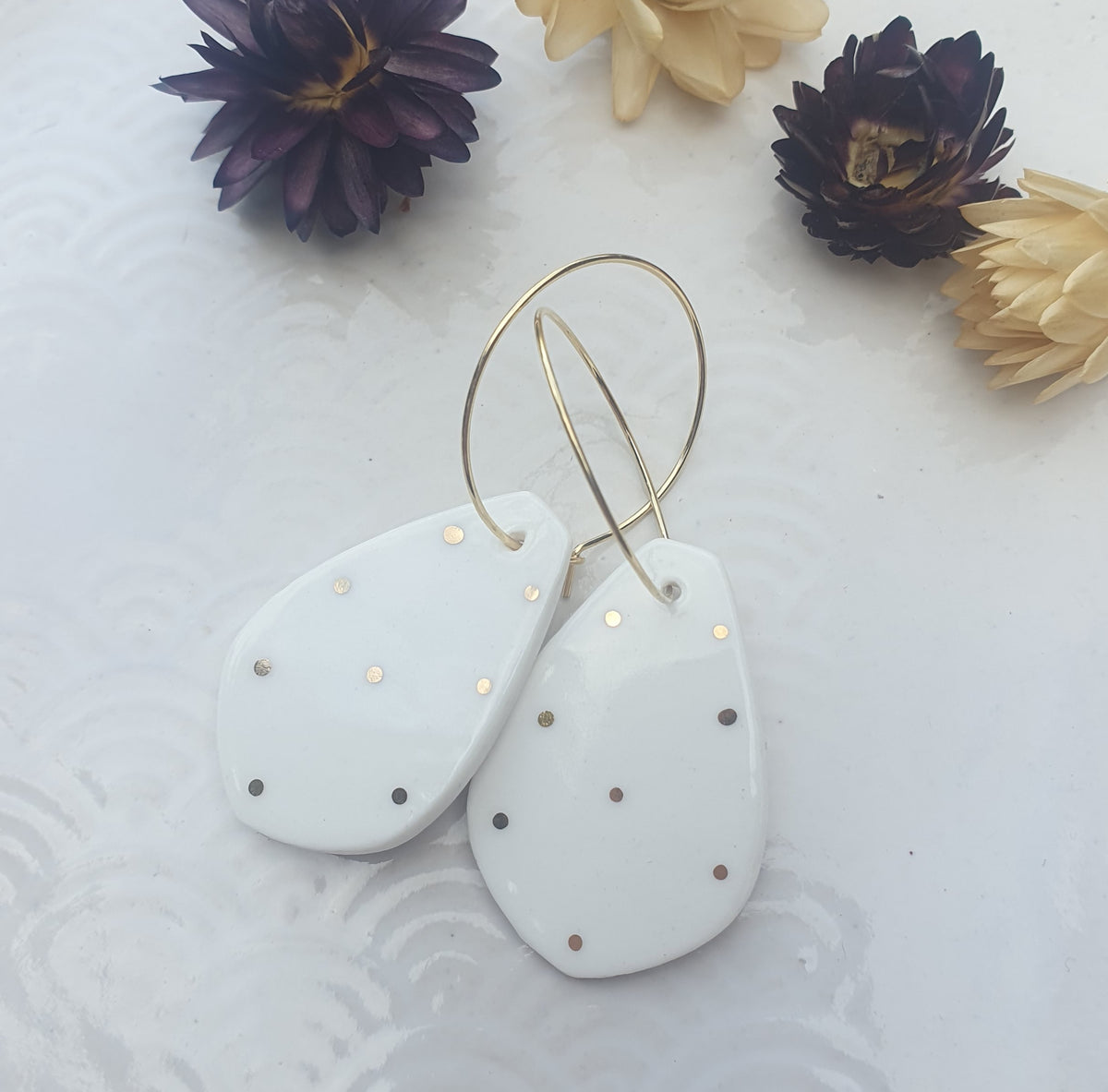 S A L E White teardrops with gold dots