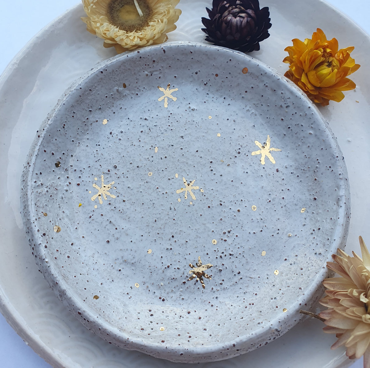 Small trinket dish - speckled clay & gold stars