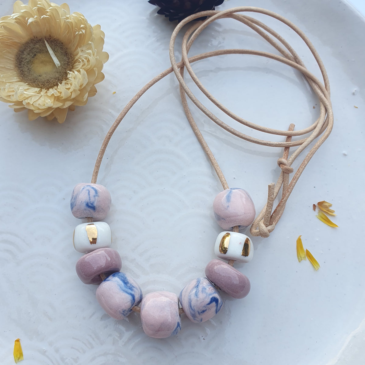 Porcelain beads - Pink & royal blue marble