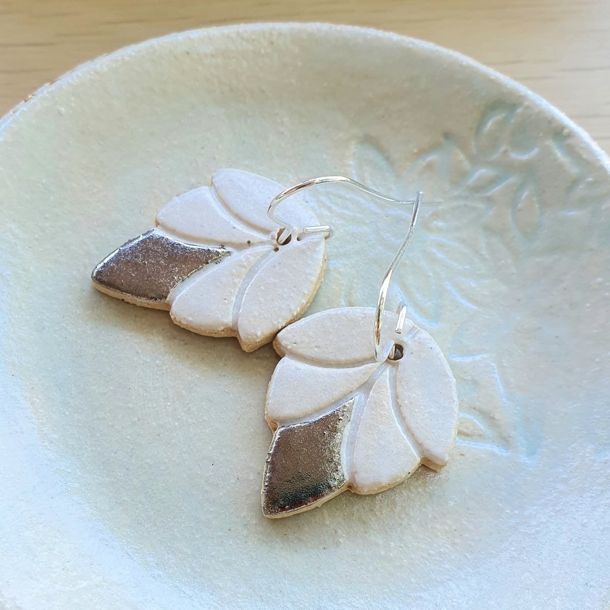 Small lotus bud earrings - natural clay & platinum