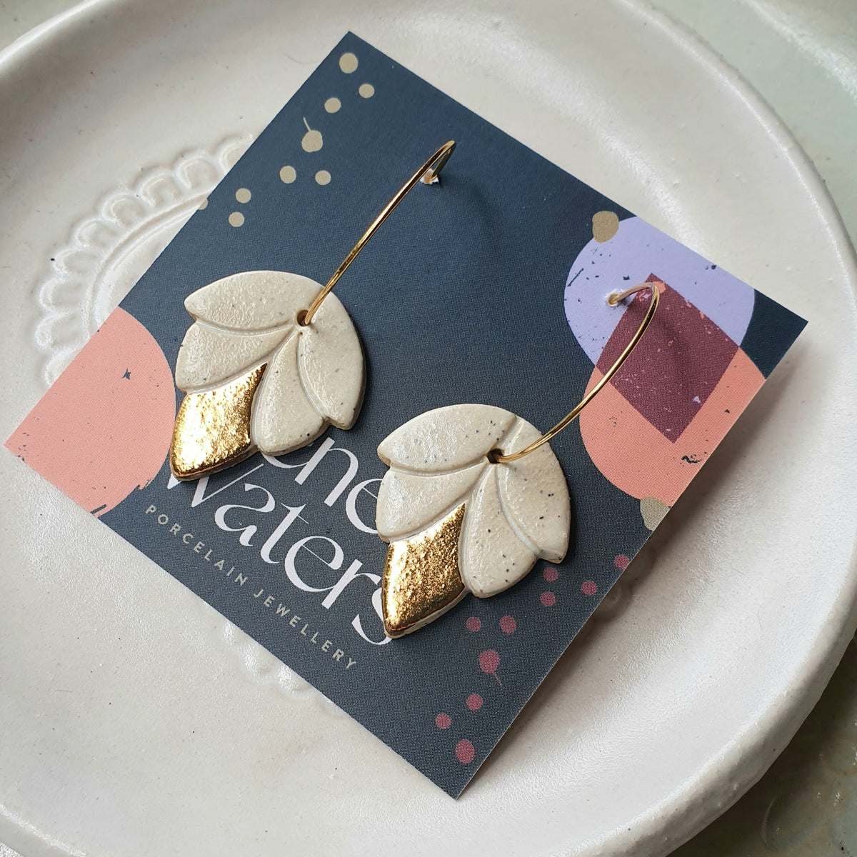 Small lotus bud earrings - natural clay & gold