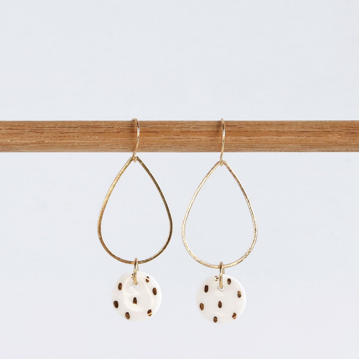 Large Tear Drop Earrings - White circle, gold dashes