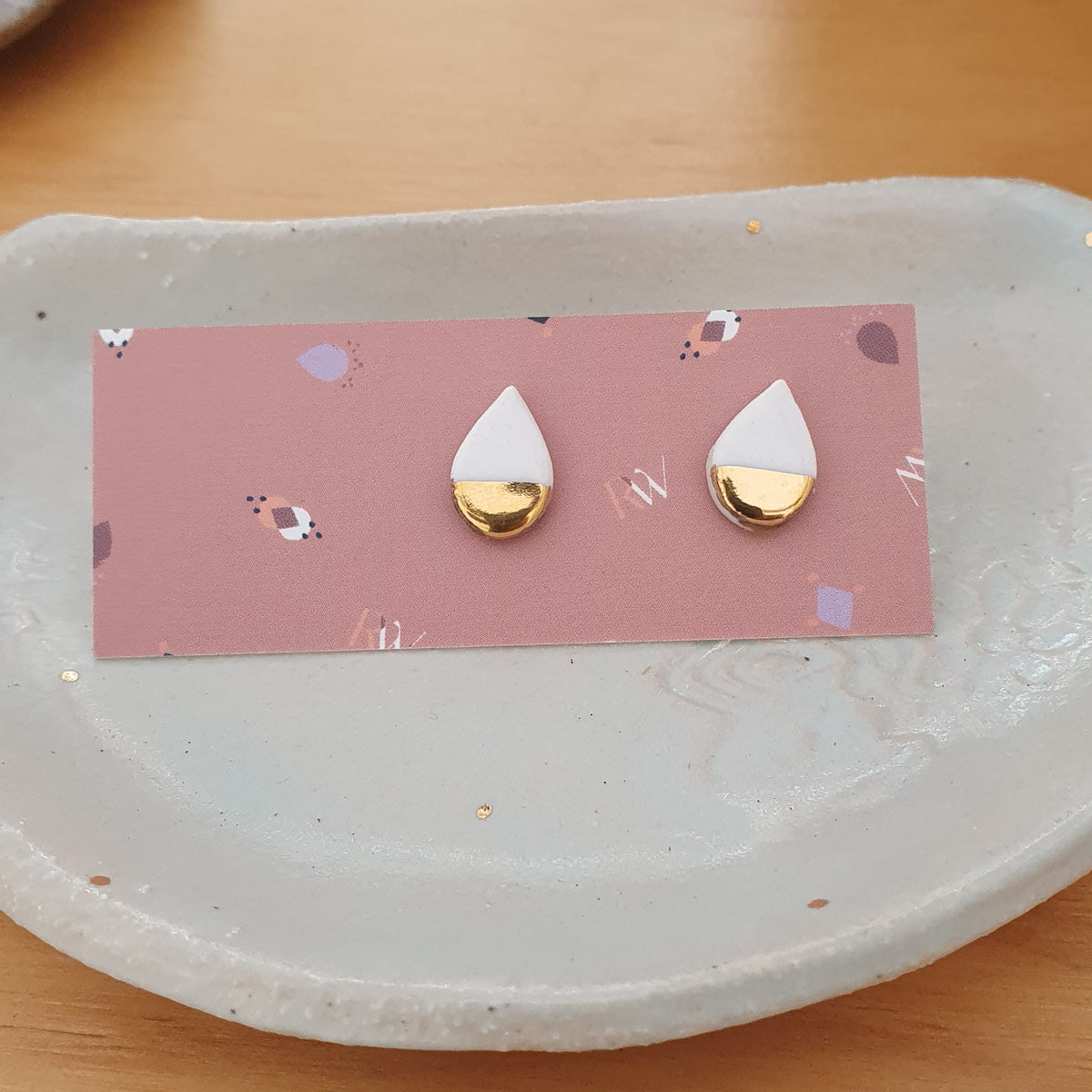 Single colour studs - white teardrops, gold dipped