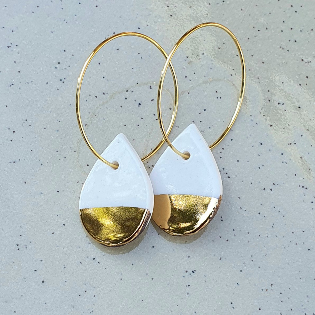 White Teardrop Hoops - gold dipped