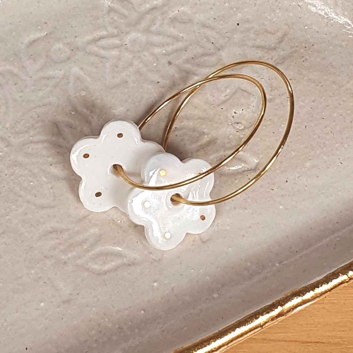 Blossom hoops - white , gold dots